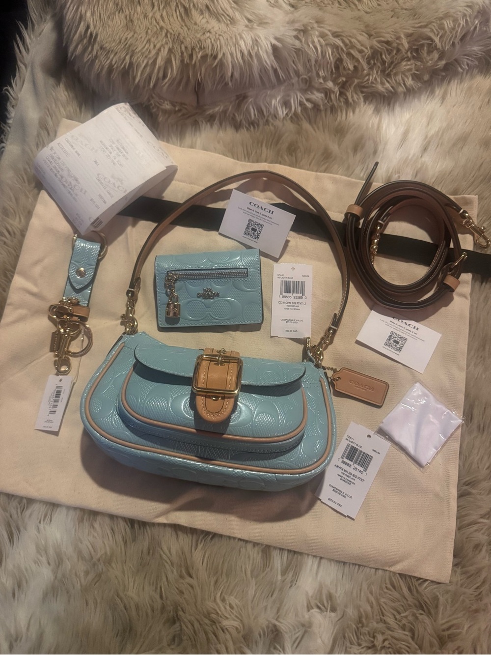 Coach Aston Light Blue Patent Leather Shoulder Bag with Wallet and Key Holder